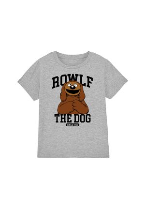 Gray short-sleeve t-shirt with cartoon dog illustration and text "Rowlf The Dog Since 1962" on front.