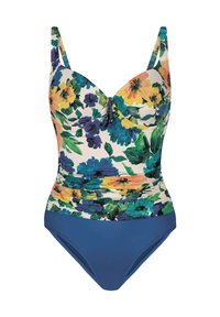 Jednoczęściowy kostium kąpielowy w kwiaty z kolorowymi wzorami w odcieniach niebieskiego, żółtego i zielonego. Jednolity niebieski dół z regulowanymi ramiączkami.