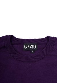 Purple knit sweater featuring a crew neck, ribbed cuffs, and a label reading "HONESTY RULES" in contrasting white text. Size L.