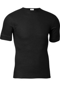 Sort t-shirt med korte ærmer lavet af bomuld, med rund hals, tætsiddende design og glat tekstur. Ingen synlige mønstre eller accenter.