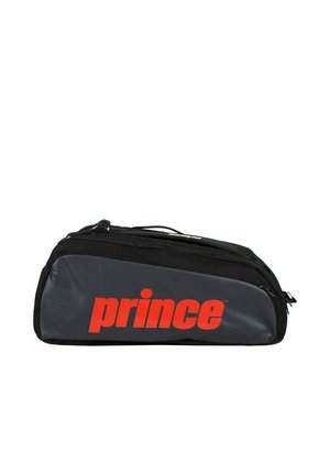Black and gray sports bag with red "prince" logo on the side, featuring dual zippered compartments and a carrying handle on top.