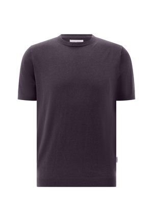 Black short-sleeve crew neck T-shirt with a slim fit and a small fabric tag on the left side seam.