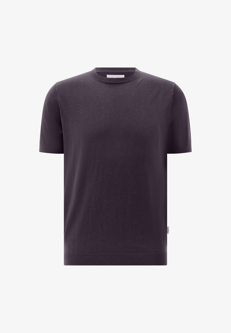 Schwarzes T-Shirt mit kurzen Ärmeln, Rundhalsausschnitt, schmaler Passform und kleinem Stoffetikett an der linken Seitennaht.