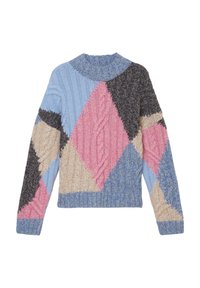 Strickpullover mit blauen, rosa, schwarzen und beigen Rautenmustern, strukturiert mit Zöpfen und einem hohen Kragen; verkürzt mit langen Ärmeln.