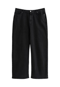 Svarta jeans med vida ben och hög midja, fem fickor och dragkedja. Tyget har en slät yta med minimala sömdetaljer.