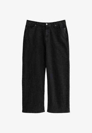 Pantaloni in denim neri a gamba larga con vita alta, cinque tasche e chiusura a zip. Il tessuto ha una texture liscia con dettagli di cucitura minimi.