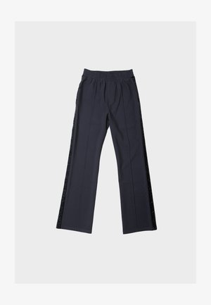 Marineblå bukser med elastisk midjebånd, med en sidepanel av teksturert svart stoff, rett ben-design og uten synlig utstyr.
