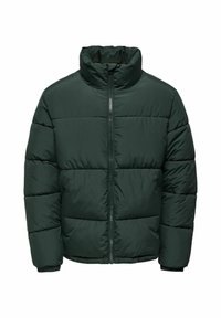 Dark green puffer jacket with a high collar, front zipper, and elastic cuffs. Features a quilted design with horizontal stitching.