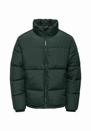 Veste matelassée vert foncé avec un col montant, fermeture éclair frontale et poignets élastiques. Possède un design matelassé avec des coutures horizontales.