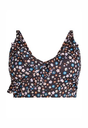 Schwarzes Bralette mit Blumenmuster und Rüschendetails, das kleine Blumen in Rosa, Weiß und Blau vor dunklem Hintergrund zeigt. Nahtloses Design.