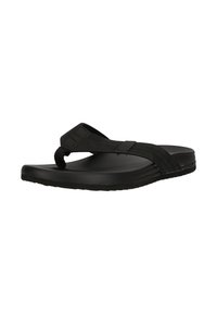 Mustat flip-flop-sandaalit, joissa on teksturoitu pohja, leveä hihna halkaisijaltaan pyöreällä varvasosalla ja joustava kumipohja.