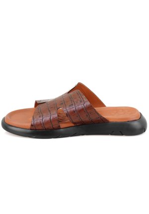 Brown slide sandals with a textured crocodile pattern, tan leather upper, and a black rubber sole. Features open design and smooth finish.