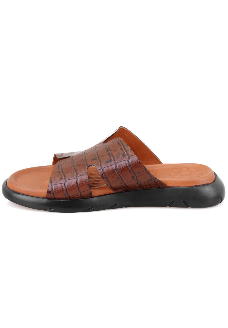 Bruine slide sandalen met een gestructureerd krokodillenpatroon, bovenwerk van tan leer en een zwarte rubberen zool. Kenmerkt een open ontwerp en een gladde afwerking.