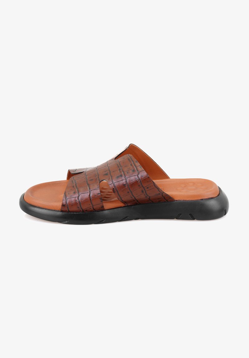 Bruine slide sandalen met een gestructureerd krokodillenpatroon, bovenwerk van tan leer en een zwarte rubberen zool. Kenmerkt een open ontwerp en een gladde afwerking.