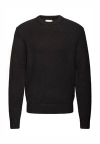 Pulover negru cu design tricotat în rilă, prevăzut cu decolteu rotund, mâneci lungi și tiv strâmt. Brand minimalist pe lateral.