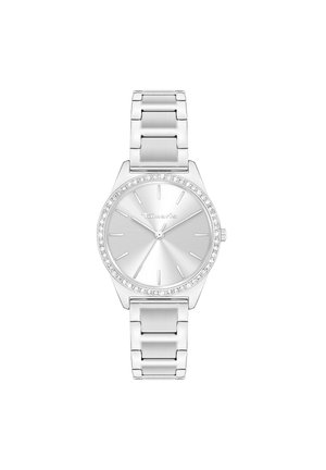 Sølv analogt armbåndsur med metalledsrem, krystaldækket bezel og minimalistisk urskive markeret med timelinjer og tre visere.