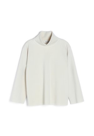 Long-sleeve white turtleneck sweater with a loose fit and smooth texture, displayed against a white background.