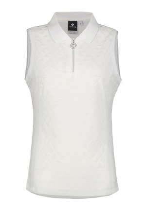 Polo sans manches blanc avec fermeture éclair et col. Fabriqué en tissu texturé avec un motif en losange, conçu pour le confort et la mobilité.