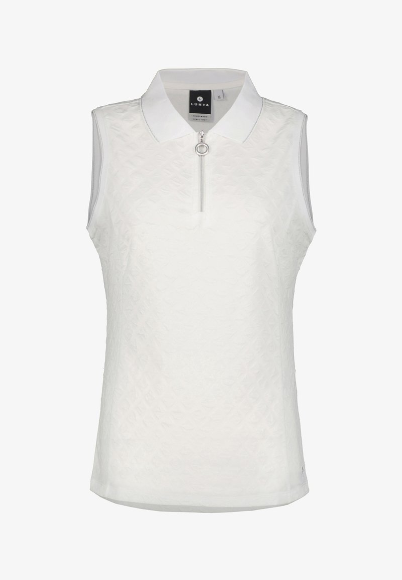 Weißes ärmelloses Poloshirt mit Reißverschluss und Kragen. Aus strukturierter Stoff mit einem Diamantmuster, entworfen für Komfort und Bewegungsfreiheit.