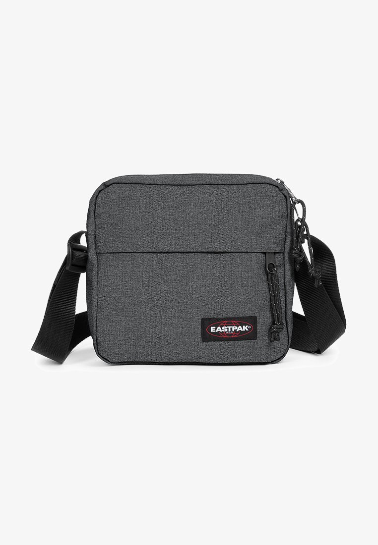 Borsa rettangolare grigia realizzata in tessuto testurizzato, dotata di una tasca con zip frontale, di una tracolla regolabile e di una patch con logo.