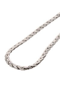 Ezüst színű fém lánc nyaklánc összekapcsolt szemekkel, fényes, sima felülettel és egységes fonott mintával.