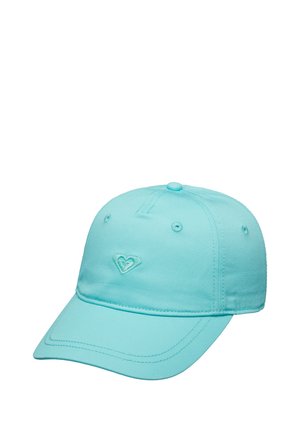 Turkusowa czapka z bawełny o strukturalnym kroju. Z przodu haftowane logo w kształcie serca oraz zakrzywiony daszek.