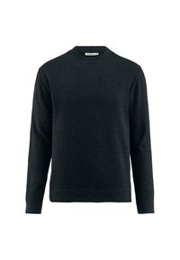Donkergrijze gebreide trui met lange mouwen, ronde halslijn en ribgebreide boorden en zoom. Gemaakt van een zacht materiaal met een gladde textuur.
