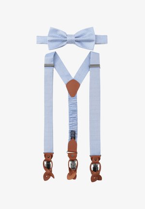 Blau gemustertes Hosenträger-Set mit braunen Lederdetails und Clips. Beinhaltet eine passende Fliege. Verstellbar für verschiedene Größen.