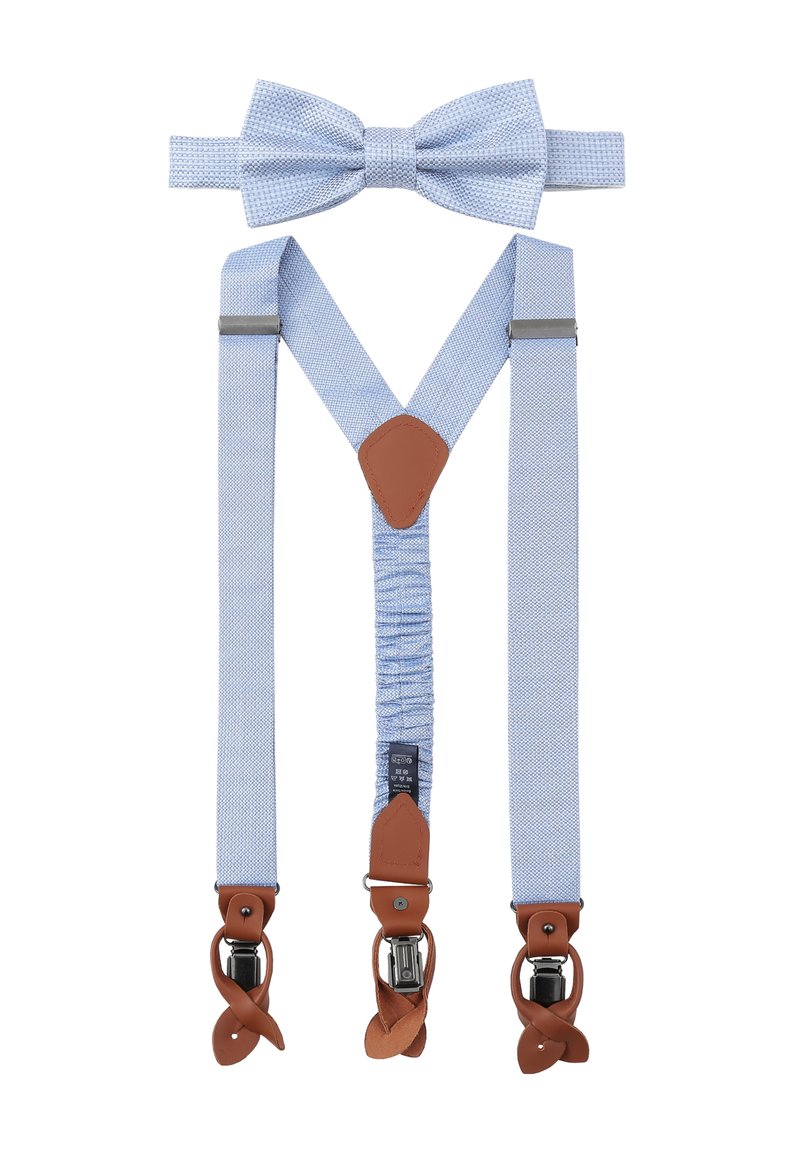 Blau gemustertes Hosenträger-Set mit braunen Lederdetails und Clips. Beinhaltet eine passende Fliege. Verstellbar für verschiedene Größen.