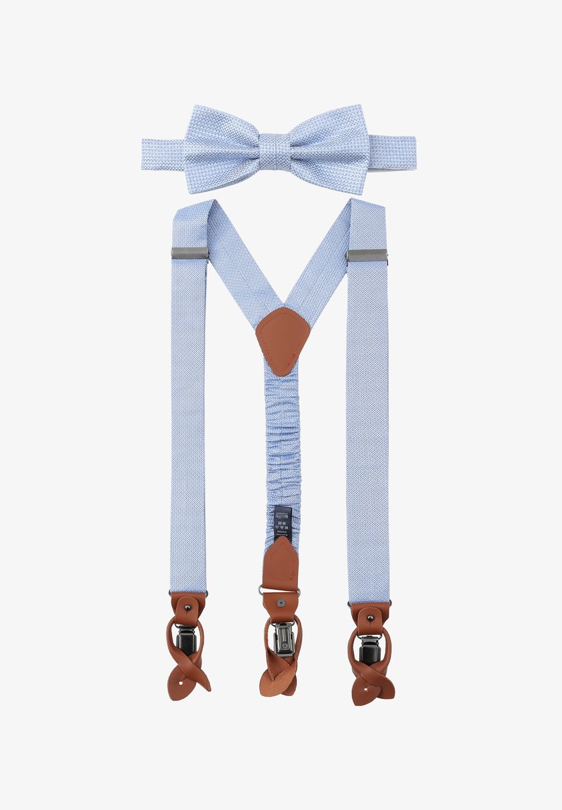 Blau gemustertes Hosenträger-Set mit braunen Lederdetails und Clips. Beinhaltet eine passende Fliege. Verstellbar für verschiedene Größen.