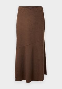 Καφέ μίντι φούστα από σουέντ με ελαφρώς Α-γραμμή, διαθέτει πλαϊνή σχισμή και ένα μικρό χρυσό διακοσμητικό "G" στη μέση. Λείο υφή.