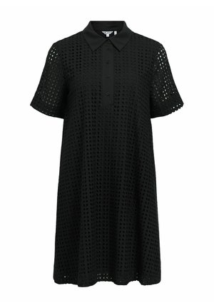 Vestito nero a maniche corte con scollo a collo, pattina con bottoni e motivo a intagli geometrici su tutto il tessuto.