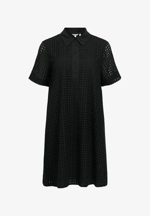 Vestito nero a maniche corte con scollo a collo, pattina con bottoni e motivo a intagli geometrici su tutto il tessuto.