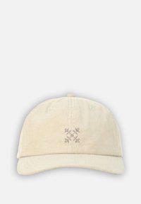 Casquette en velours côtelé beige avec une visière incurvée, ornée de broderies florales marron clair à l'avant et de nervures verticales texturées.