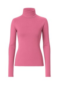 Maglietta rosa a maniche lunghe con collo alto realizzata in tessuto elasticizzato. Presenta un design aderente e una texture liscia con un collo alto.