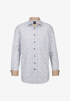 Camicia bianca con motivo floreale multicolore, polsini con bottoni marroni e colletto standard. Sei bottoni marroni si estendono sulla parte anteriore. Materiale in cotone.
