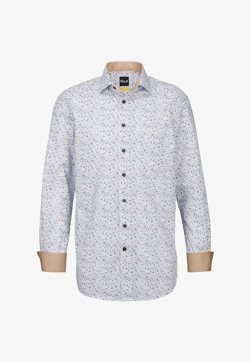 Camicia bianca con motivo floreale multicolore, polsini con bottoni marroni e colletto standard. Sei bottoni marroni si estendono sulla parte anteriore. Materiale in cotone.