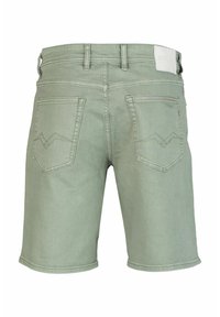 Lichtgroene denim shorts met een klassieke snit, voorzien van een tailleband, twee achterzakken en subtiele zigzagstiksels op de randen van de zakken.