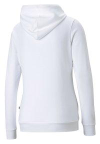 Hanorac alb cu mâneci lungi, având un design clasic, glugă cu șnur, manșete ribbate și un material moale, texturat. Vedere din spate.