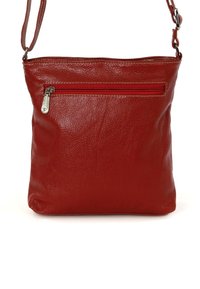 Red leather crossbody bag with a textured finish, featuring a front zip pocket and adjustable shoulder strap. Simple and functional design.