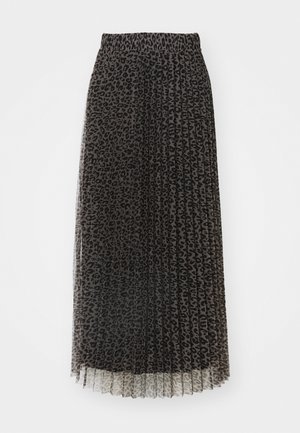 Pleated maxi skirt in black tulle with a leopard print pattern. Features an elastic waistband and semi-sheer texture.