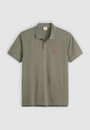 Olive green short-sleeve polo shirt with two buttons and a small red Levi's logo on the left chest.