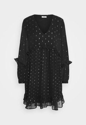 Schwarzes durchscheinendes Kleid mit silbernem Punktemuster, langen Ärmeln, V-Ausschnitt, Rüschensaum an Brust, Manschetten und Saum.