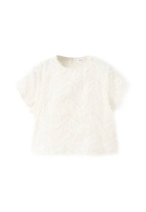 Top bianco a maniche corte realizzato in tessuto strutturato con un motivo ondulato. Presenta un collo rotondo e una cerniera sul retro nascosta.