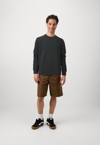 Tricou verde închis cu guler rotund, asortat cu pantaloni scurți maro. Adidași negri cu accente albe și șosete gri completează ținuta.