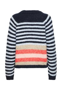 Pull rayé avec des couleurs marine, bleu clair, crème et corail. Texture tricotée avec des poignets côtelés et un col rond. Coupe standard.