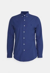 Camicia azzurra navy a maniche lunghe con bottoni in cotone, dotata di colletto con bottoni, bottoni bianchi e un piccolo logo ricamato sul petto.