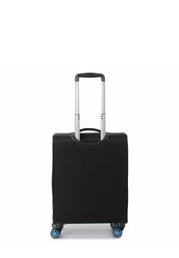 Black suitcase with telescopic handle, four blue wheels, and a smooth, rectangular design. Features a sturdy, compact appearance.