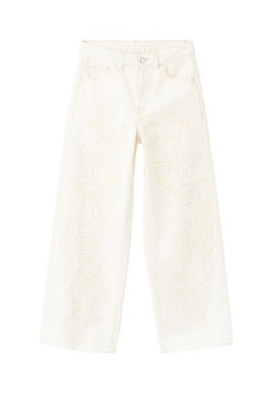 White denim jeans with a wide-leg cut and intricate embroidery detailing on the front, featuring swirling patterns and floral shapes.