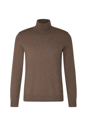Pull à col roulé marron en tissu doux, avec des manches longues, un col ajusté et un ourlet et des poignets côtelés. Sans motifs ni détails.